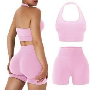 Workout Sets Women Backless Halter Sports Bra High Waist Shorts Gym Outfit Pink